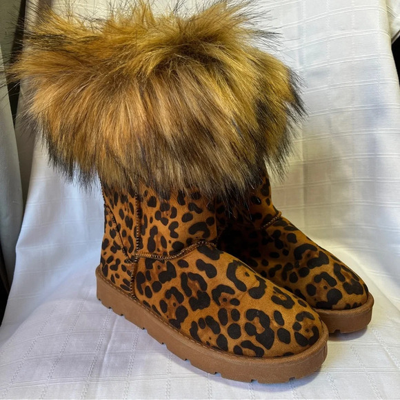 Faux Fur Leopard Print Fashion Winter Boots Women's Size 6 - Picture 10 of 13